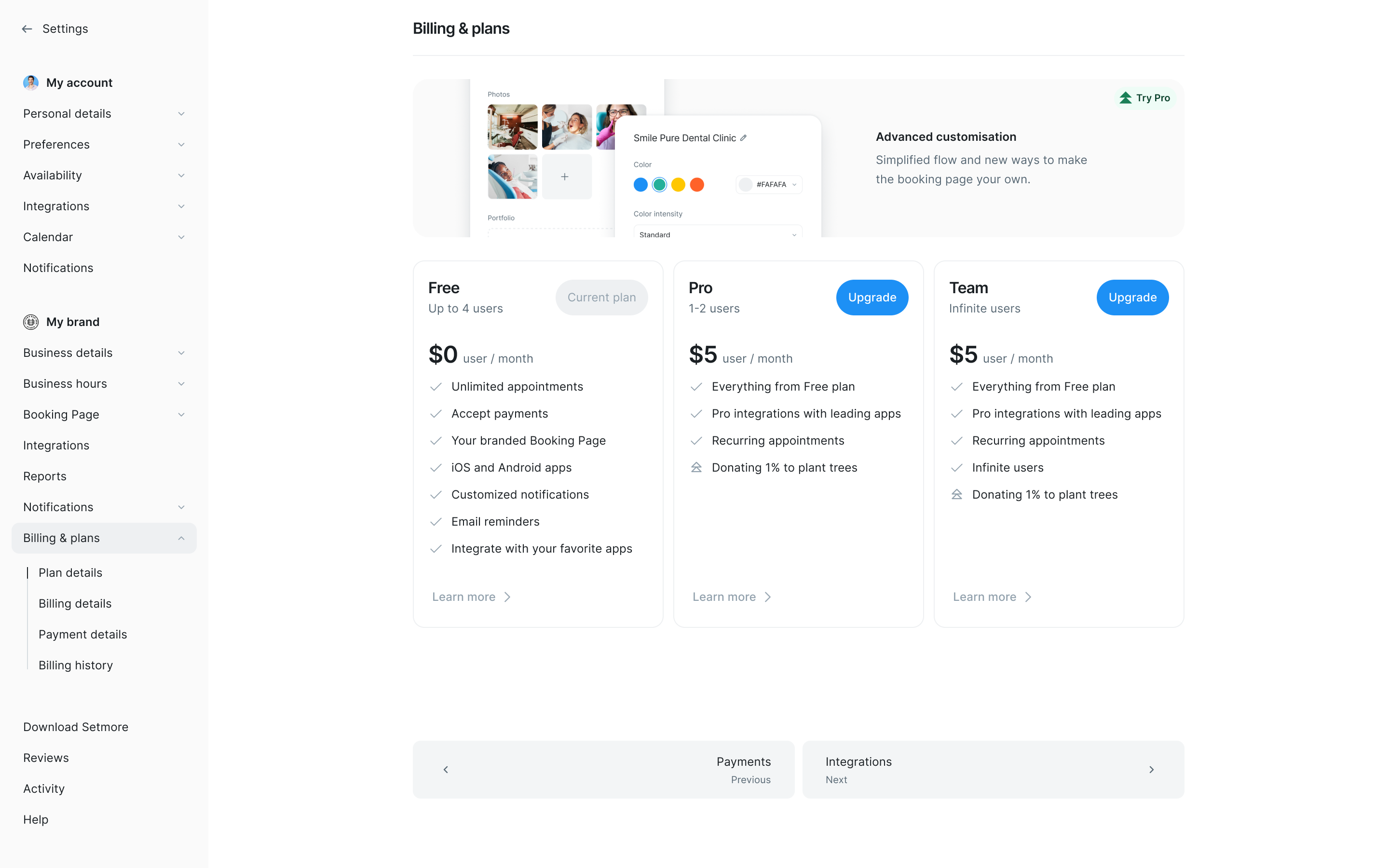Billing plan selection screen